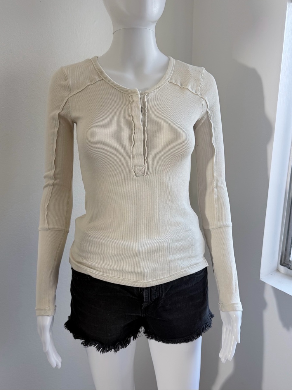 Free People Cream Ribbed Henley Long-Sleeve Top